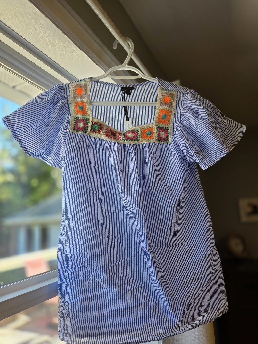 Coco + Carmen Blue & White Striped Blouse with Multicolor Crochet Trim
